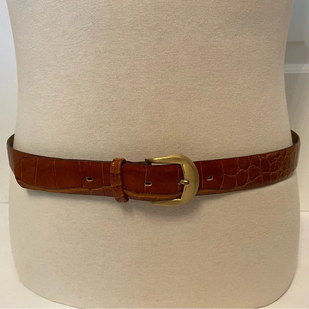 USA MADE MENS BELT BROWN CROC LOOK LEATHER IMPORTED PIG GOLD TONE BUCKLE 38